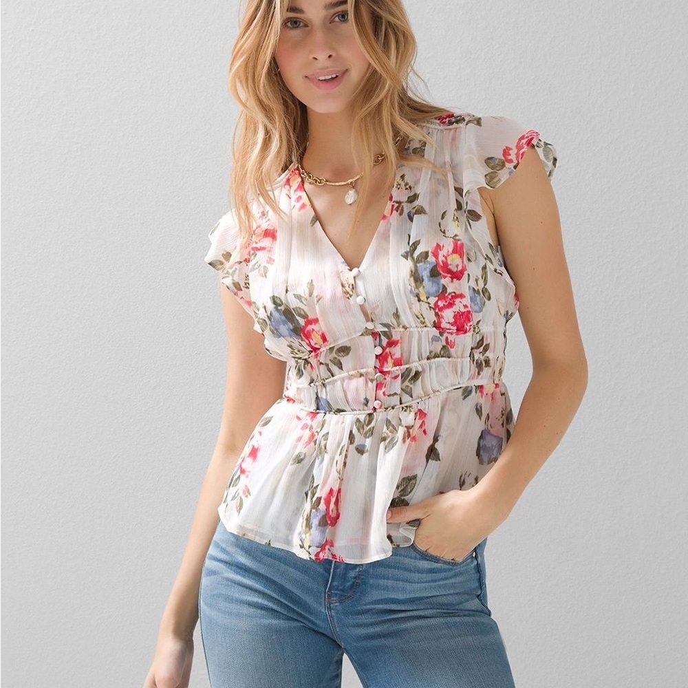 White House Black Market Flutter Sleeve Blouse with Waist Detail - Picture 3 of 10